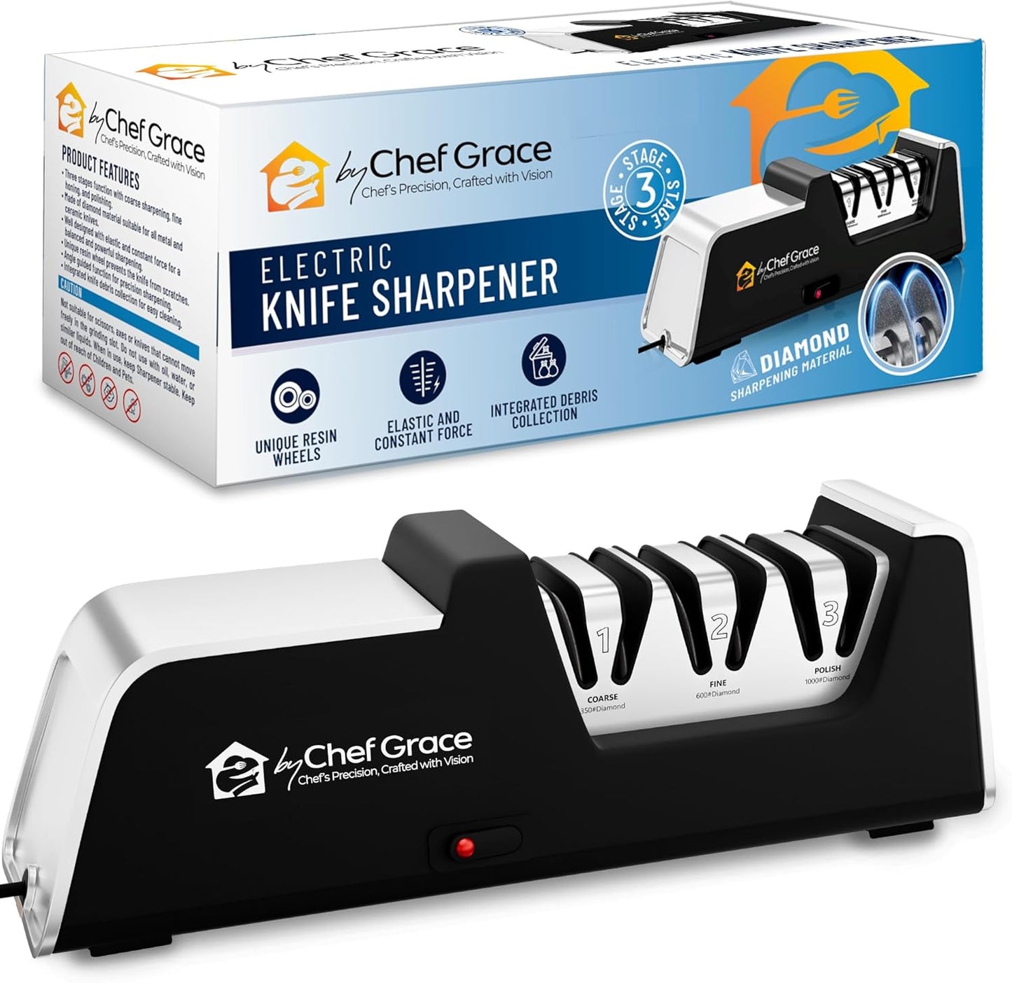 Chef Grace - Aiguiseur de Couteaux Électrique - 3 Étapes - Angle de 15° – €38,99