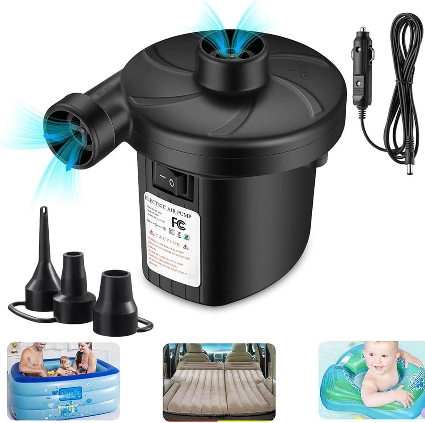 Gofemial - Pompe à Air Électrique - Gonflage Rapide - 3 Buses & Adaptateur Voiture – €69,99