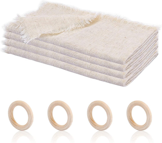 TOTSUN - Serviettes en Lin - Franges - Anneaux en Bois – €7,79