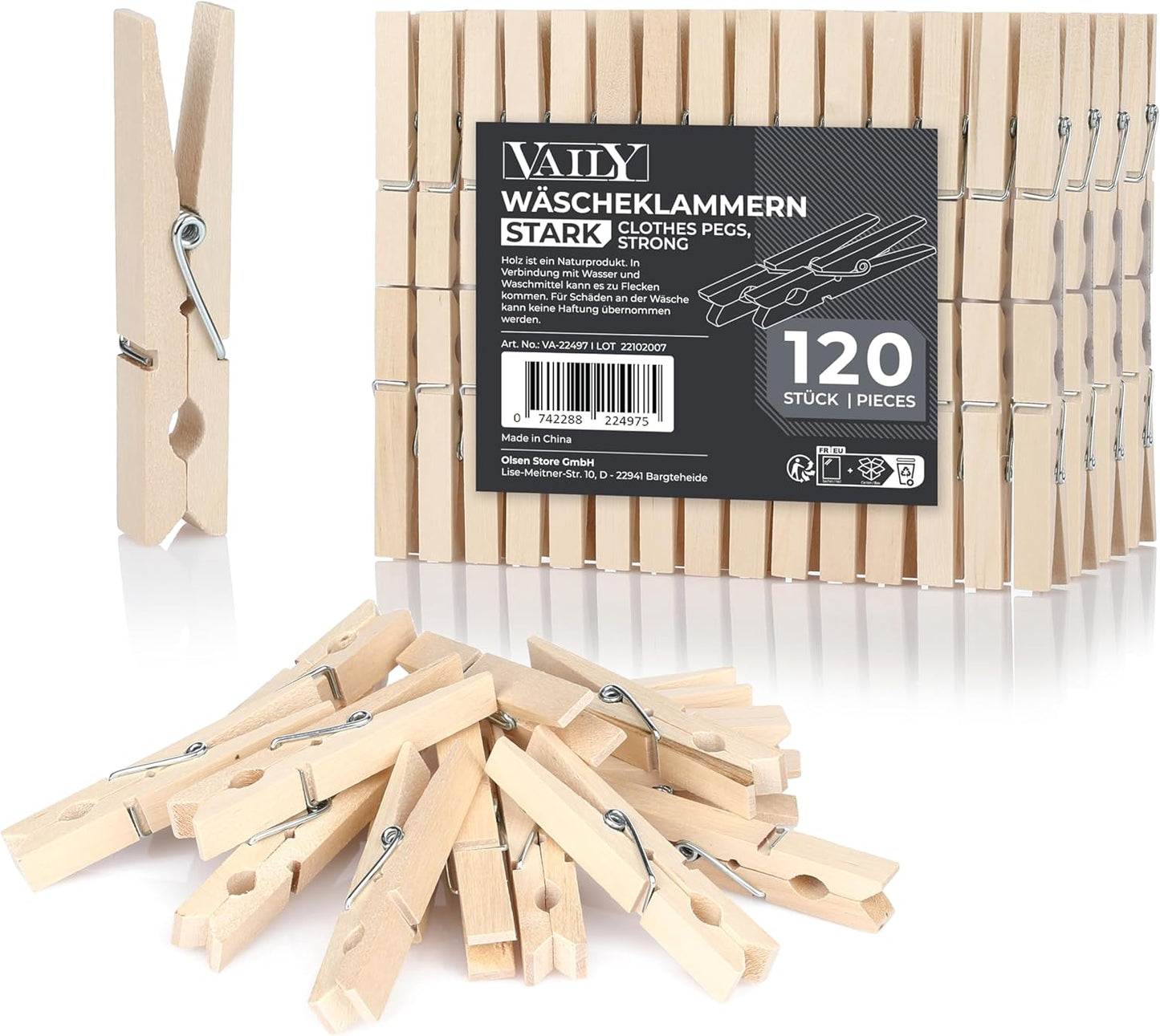 Vaily - Pinces à Linge en Bois - Ressort Métallique Solide - 120 Pièces – €5,84